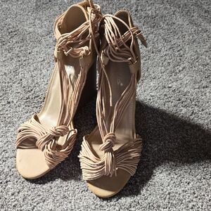 Shoe Dazzle Tan Wedge Sandals